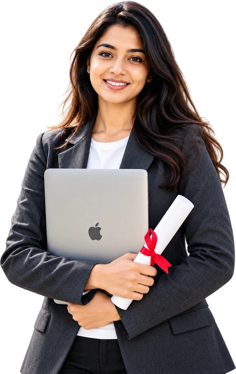 Student holding a laptop and a diploma