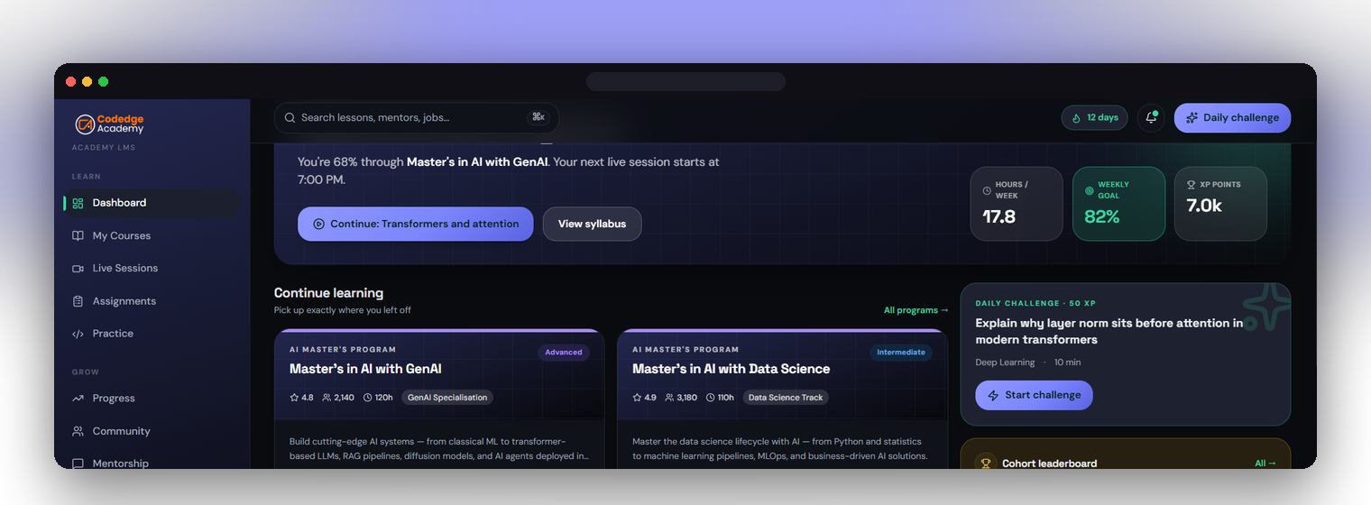 AI-powered LMS dashboard showing program progress, weekly goals, XP points, and a personalized daily challenge
